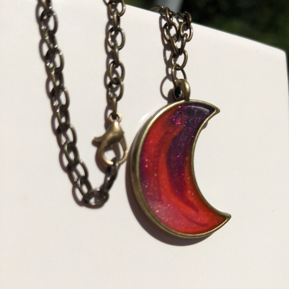 Crescent Moon Bronze Necklace Handmade Resin Artisan Hand Crafted Jewelry - Picture 5 of 9